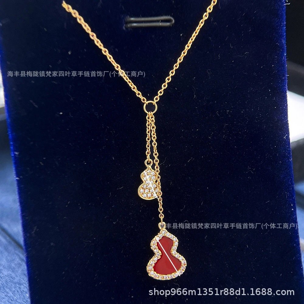 Qeelin Gourd Necklace, Plated 18K Gold Rose Gold Red Agate White Mother-of-Pearl Pendant Collarbone Chain for Women, Valentine's Day Gift