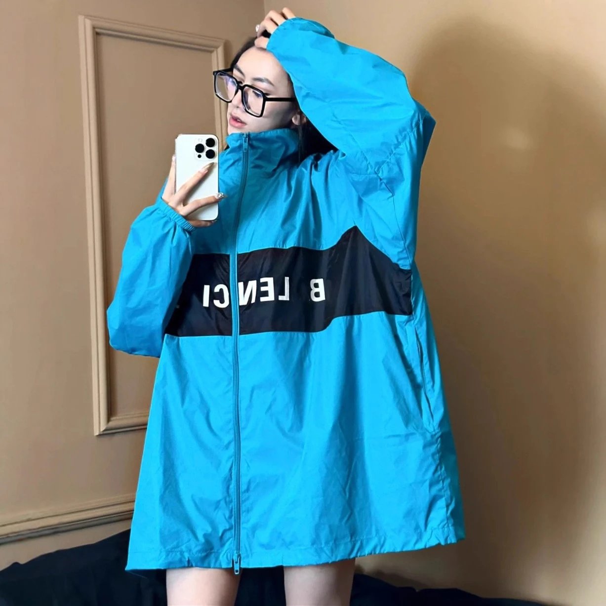 Balenciaga Internet Famous Grey Black Spliced Slogan Windproof Sun Protection Windbreaker Jacket