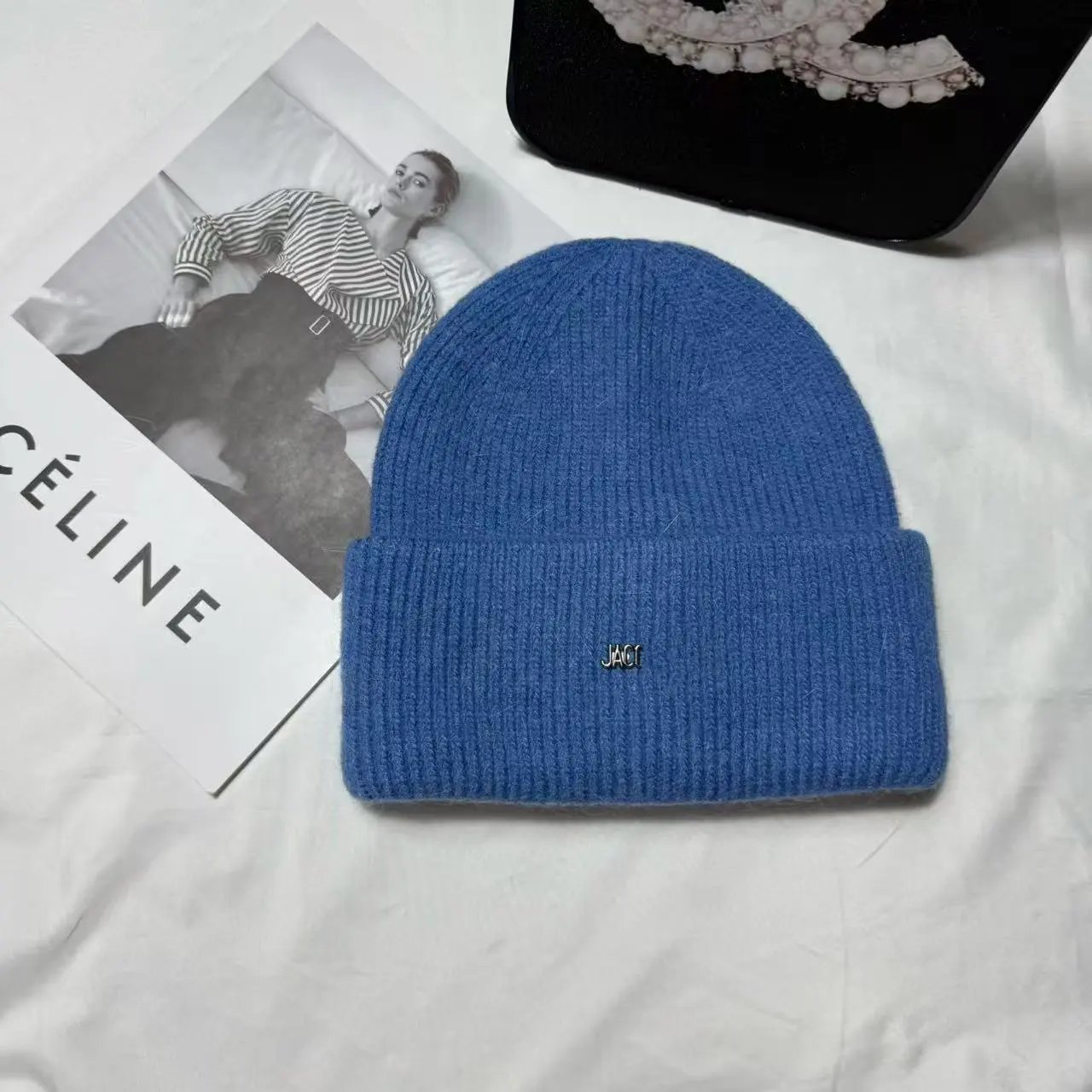 JA Winter Rabbit Fur Knit Hat Trendy Versatile Plush Thick Solid Color Beanie Cold Hat
