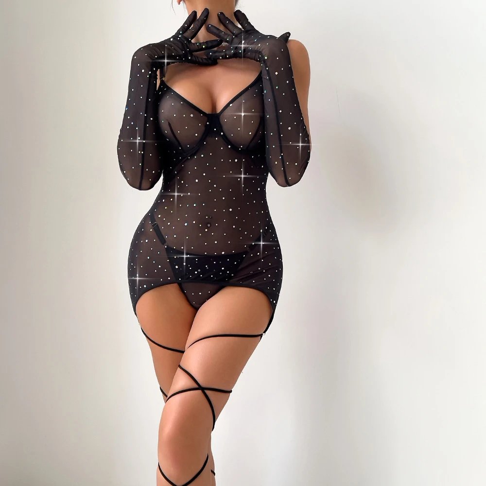Sexy Sequins Special Wire-Free See-Through Push-Up Slim Lifting Buttocks With Gloves Tie-Up Women's Dress