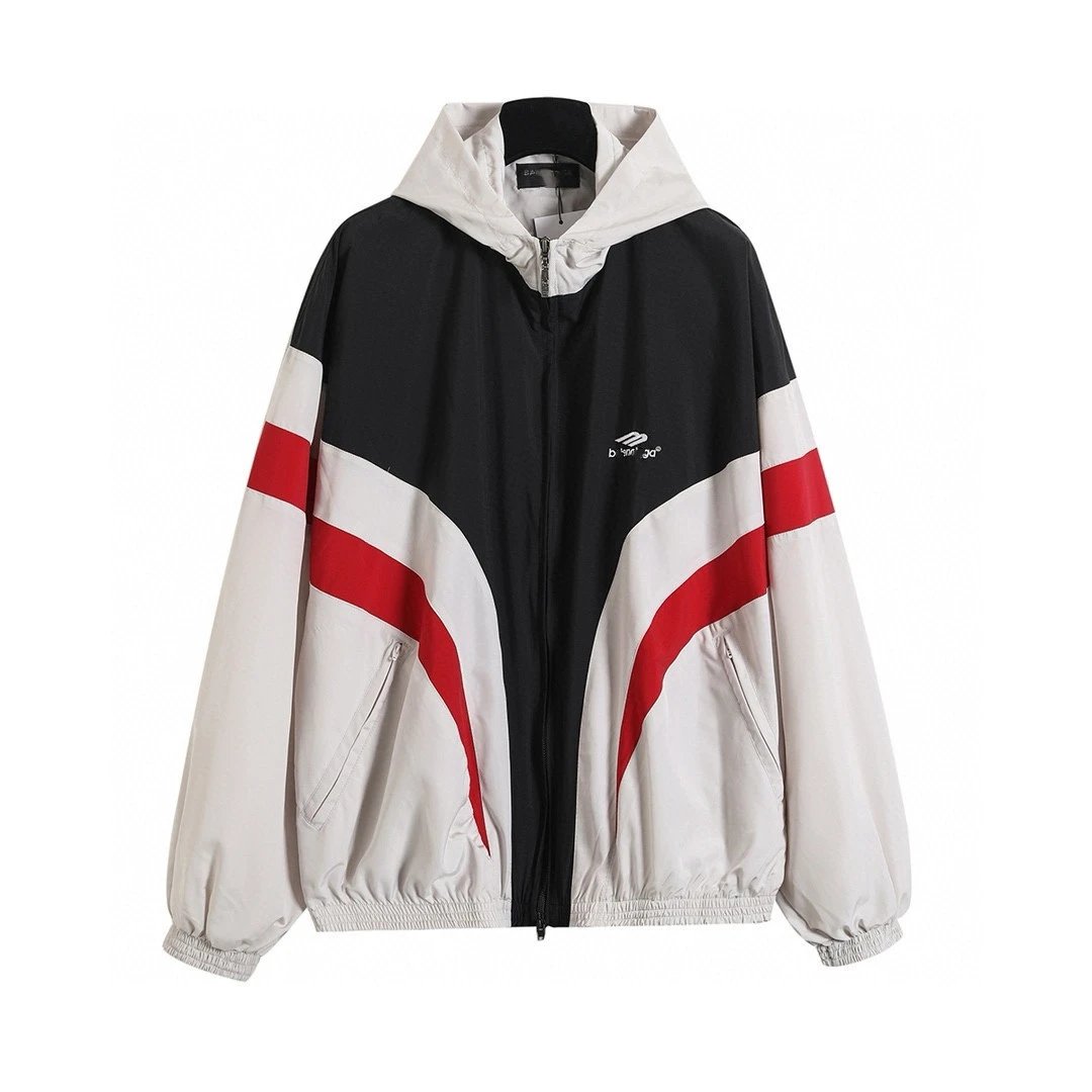 Balenciaga Campus Style Red White Spliced Color Block Hooded Sport Jacket Long Pants Suit
