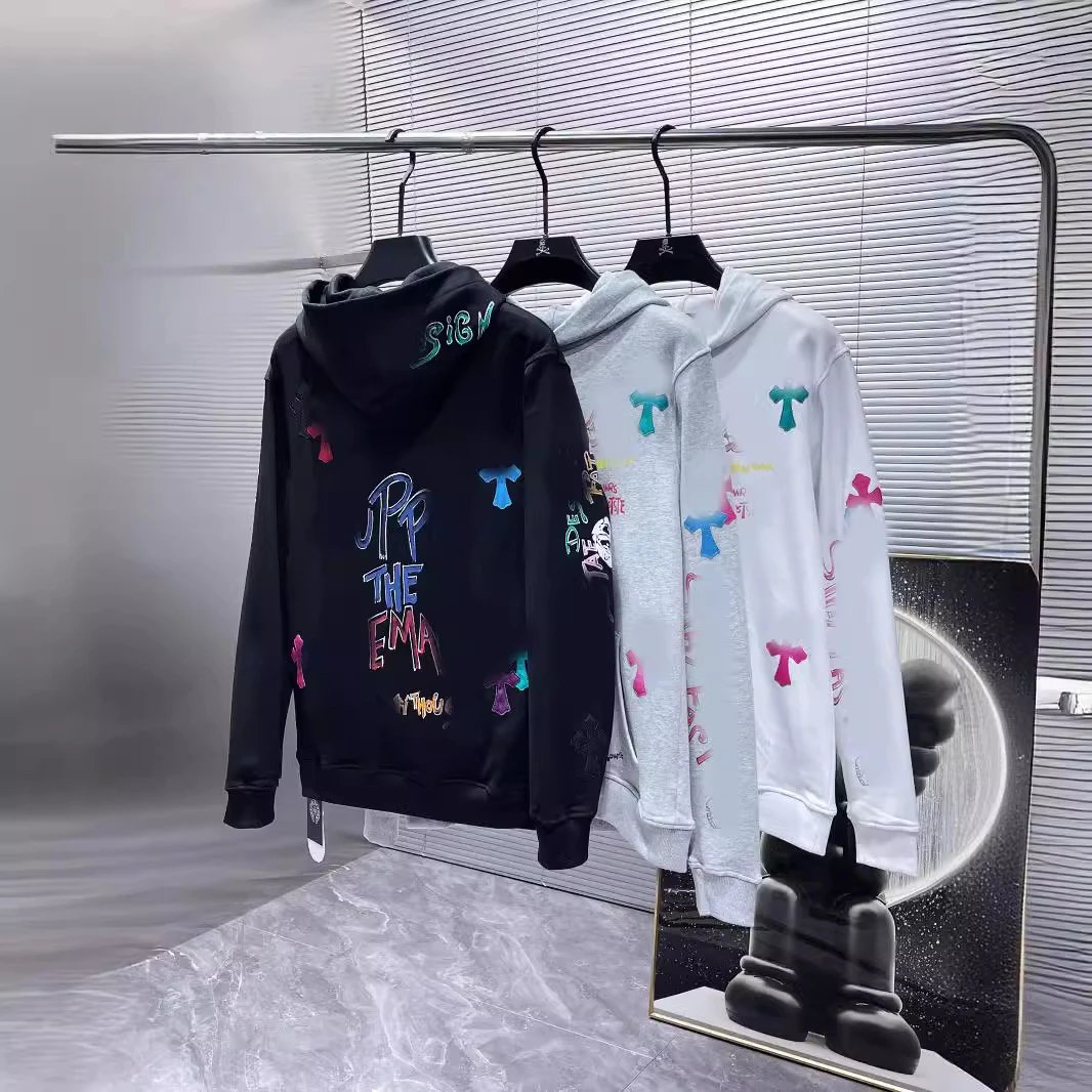 Chrome Hearts Colorful Cross Leather Patch Sanskrit Hand-Painted Graffiti Hoodie Unisex Couple Style