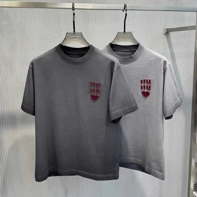 New Miu Miu Embroidery Heart Patch Letter Viral Unisex Short Sleeve T-shirt