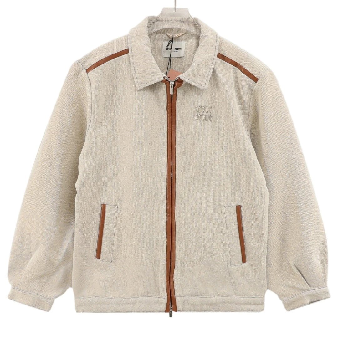2025 New Miu Miu Patch Embroidery Canvas Spliced Double Zipper Jacket