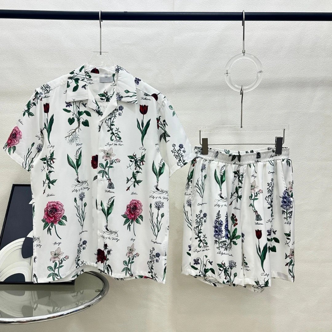 2025 Early Autumn New Dior Botanical Garden Floral Series Silk Cotton Shirt Casual Shorts Set Unisex