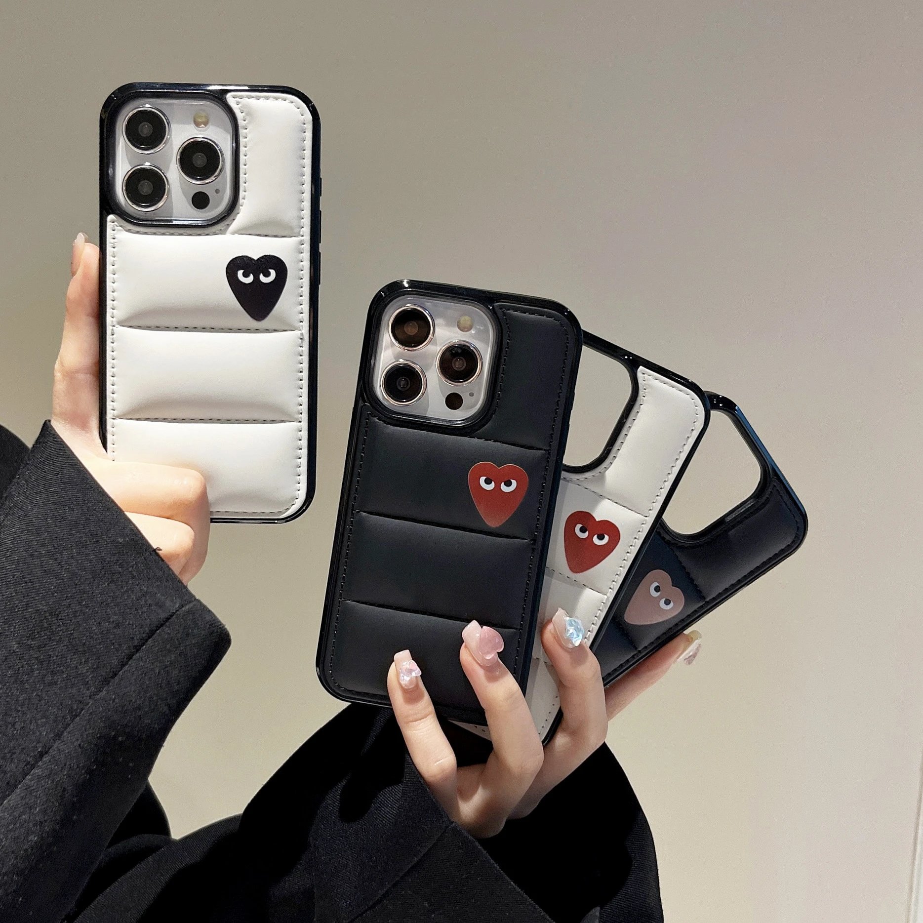 Simple Heart Filled Leather Puffer Jacket Apple 17 Pro Max Case iPhone 16 Couple