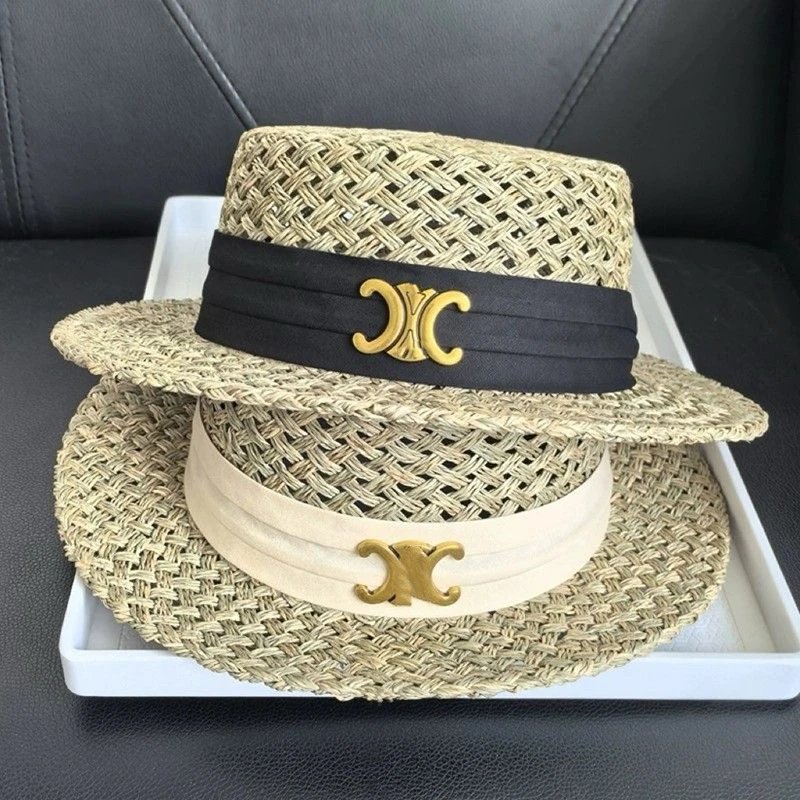 CELINE Natural Handwoven Straw Hat Women Summer Sun Protection Casual Versatile British Flat Top Hat