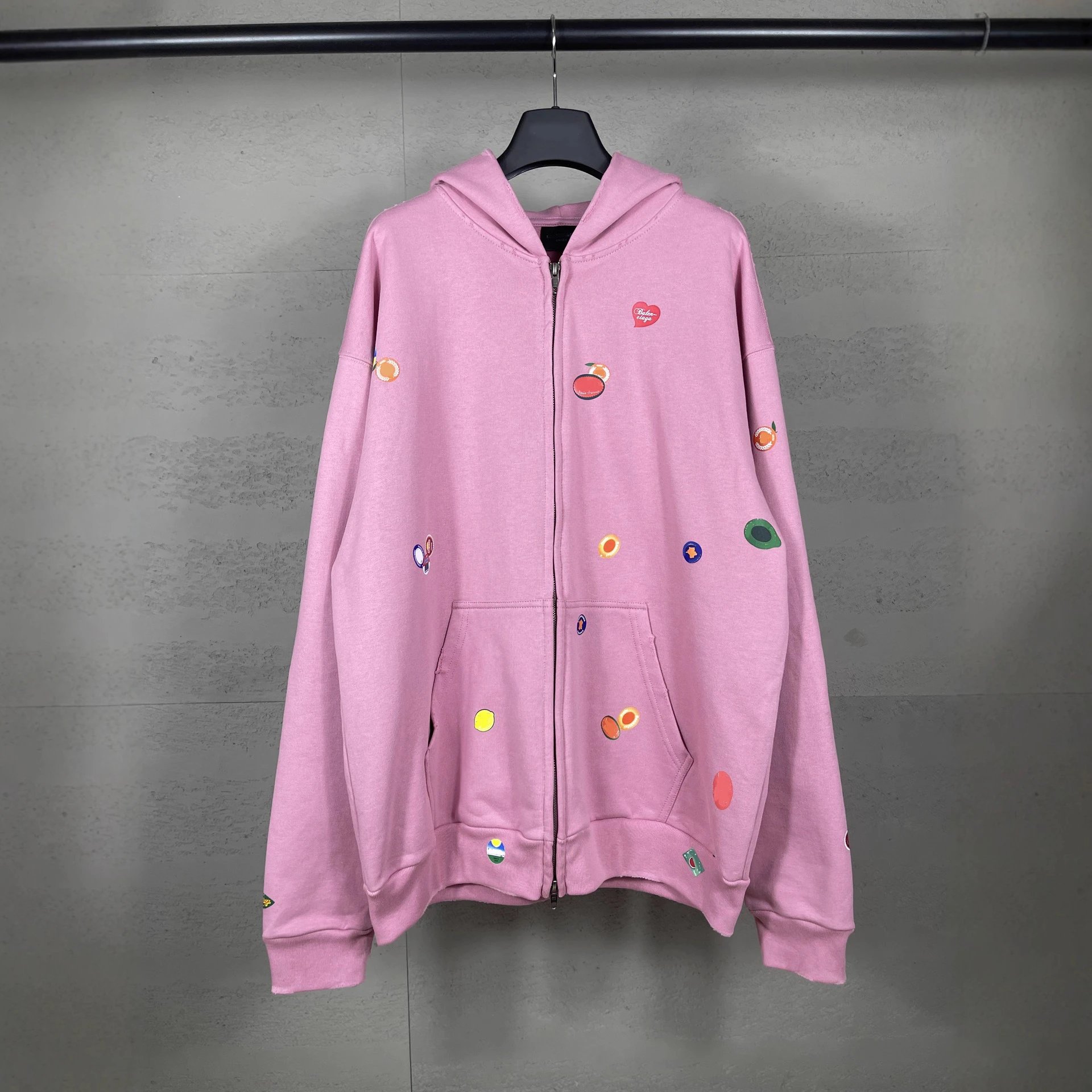 2025 Balenciaga Fruit Pattern All-Over Embossed Wash Distressed Hoodie Casual Pullover Unisex Style