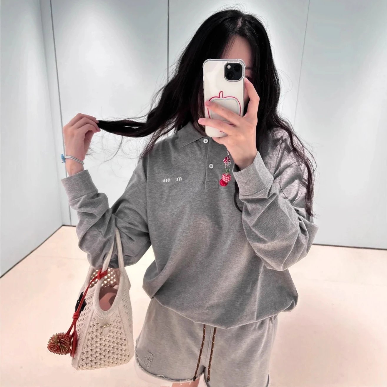 2025 Early Autumn New Miu Miu Miu Miu Logo Embroidery Cotton Long Sleeve Lapel Polo Shirt T-shirt Unisex