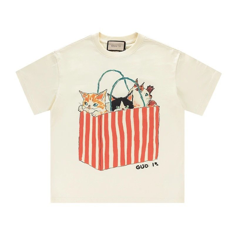 New Gucci Cartoon Series Kitten Print Minimalist Solid Color Short Sleeve T-shirt Top Unisex1