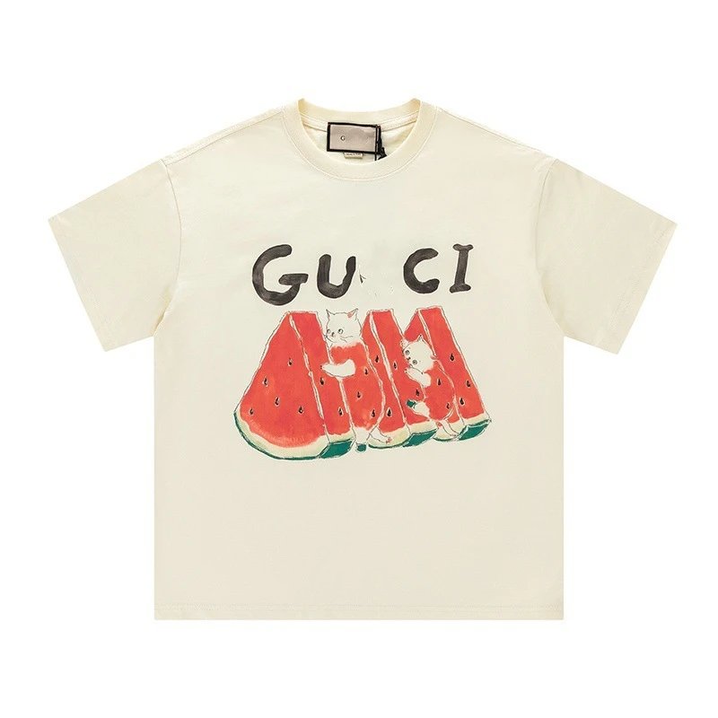New Gucci Cartoon Series Watermelon Cat Print Minimalist Short Sleeve T-shirt Top Unisex-9