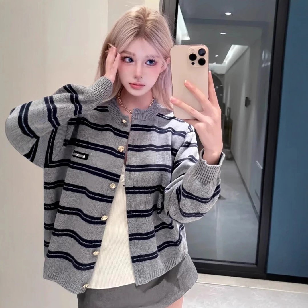 Miu Miu style stripe knitwear cardigan sweater outerwear men's and women's
