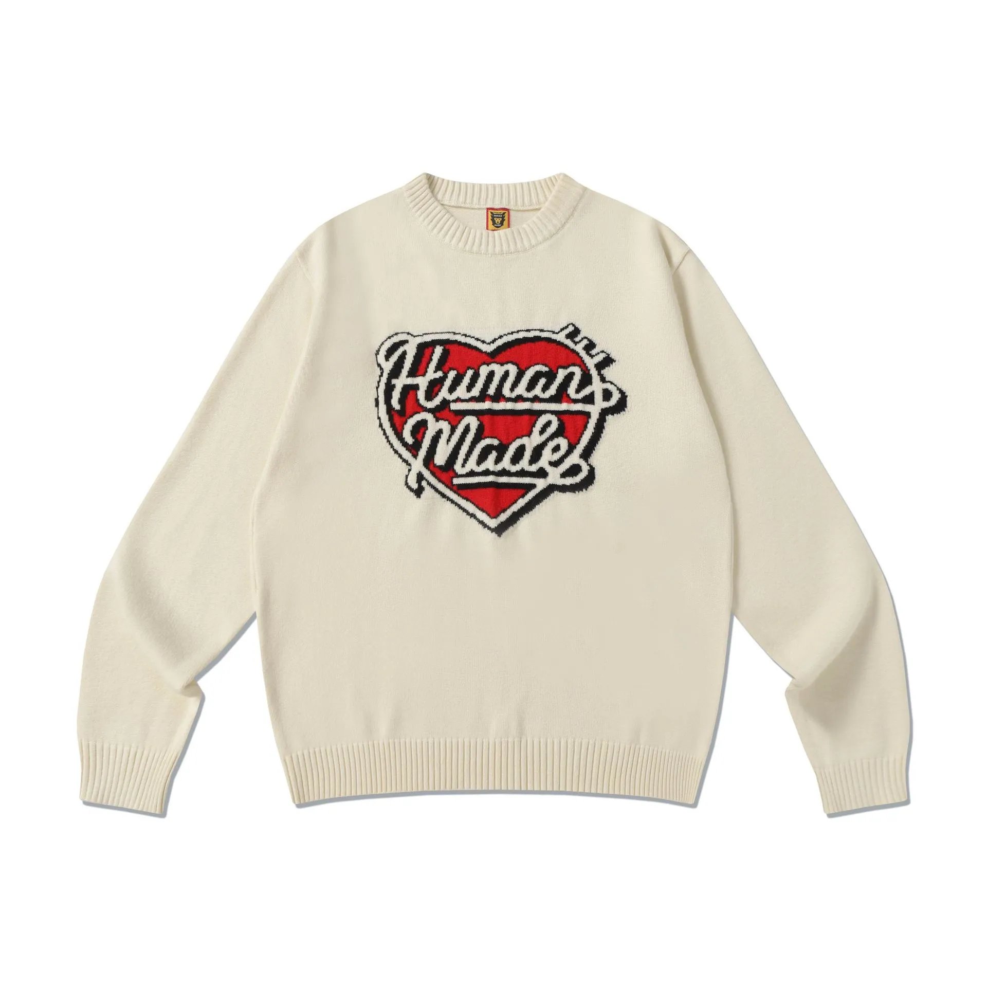 Human Made Heart Print Loose Round Neck Pullover Knitwear Sweater Loose Casual Style Trendy
