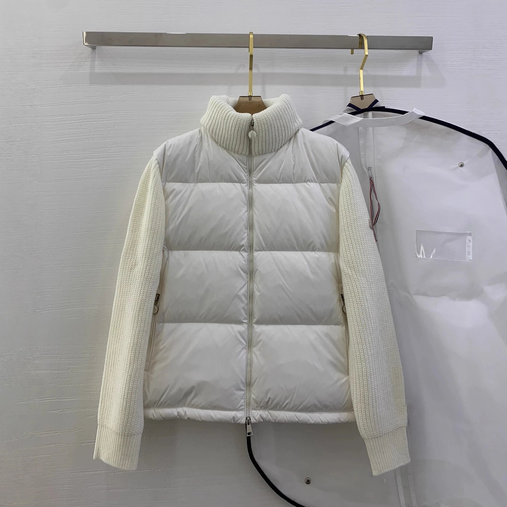 Moncler Women's Knit Panel Stand Collar 90% White Duck Down Outerwear
