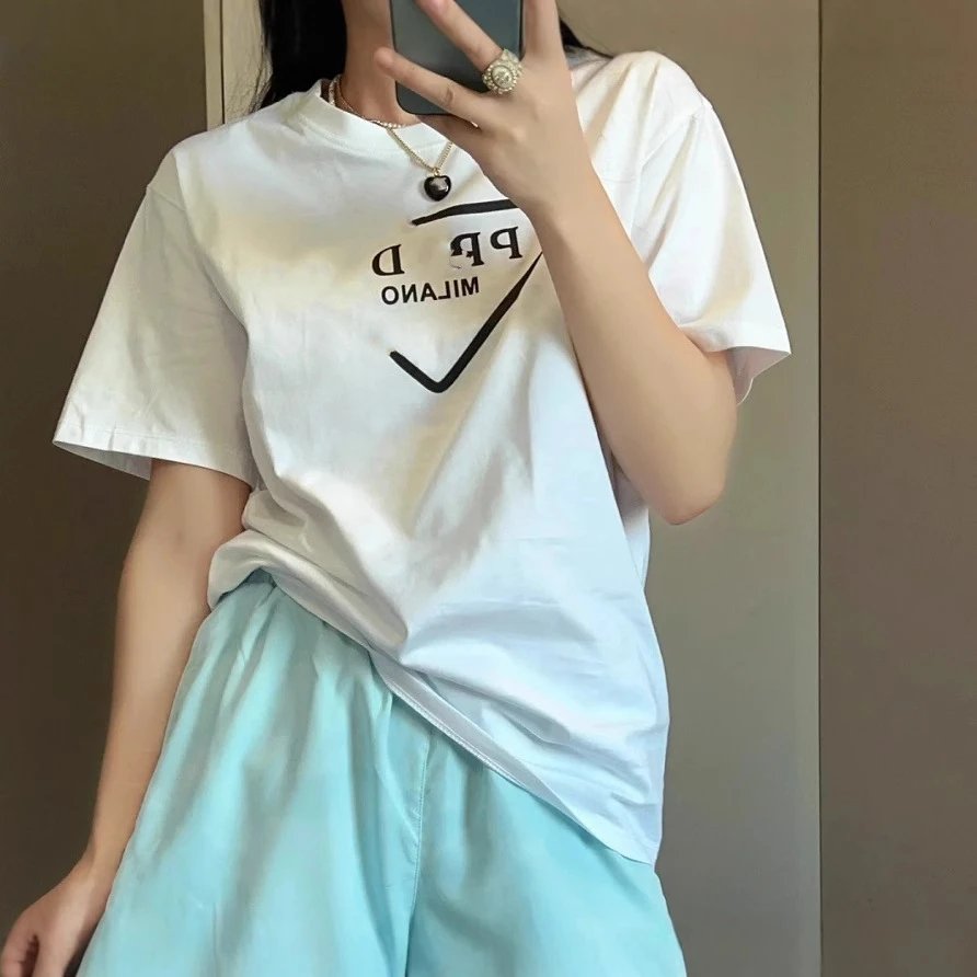 Prada New Flocked Triangle Letter Print Round Neck Short Sleeve T-shirt Unisex