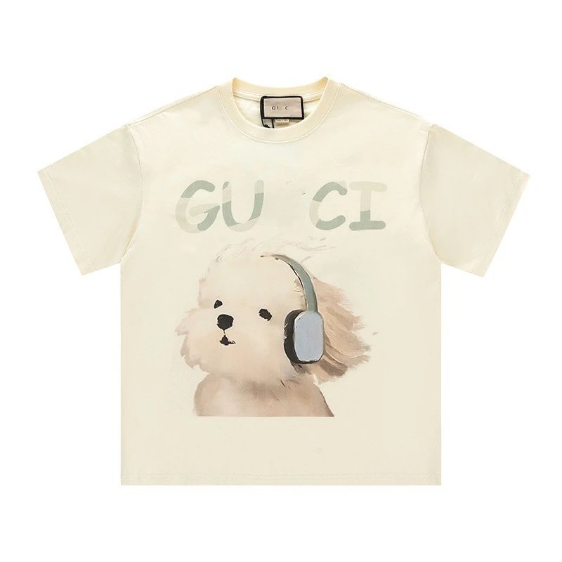 New Gucci Cartoon Series Puppy Print Minimalist Solid Color Short Sleeve T-shirt Top Unisex