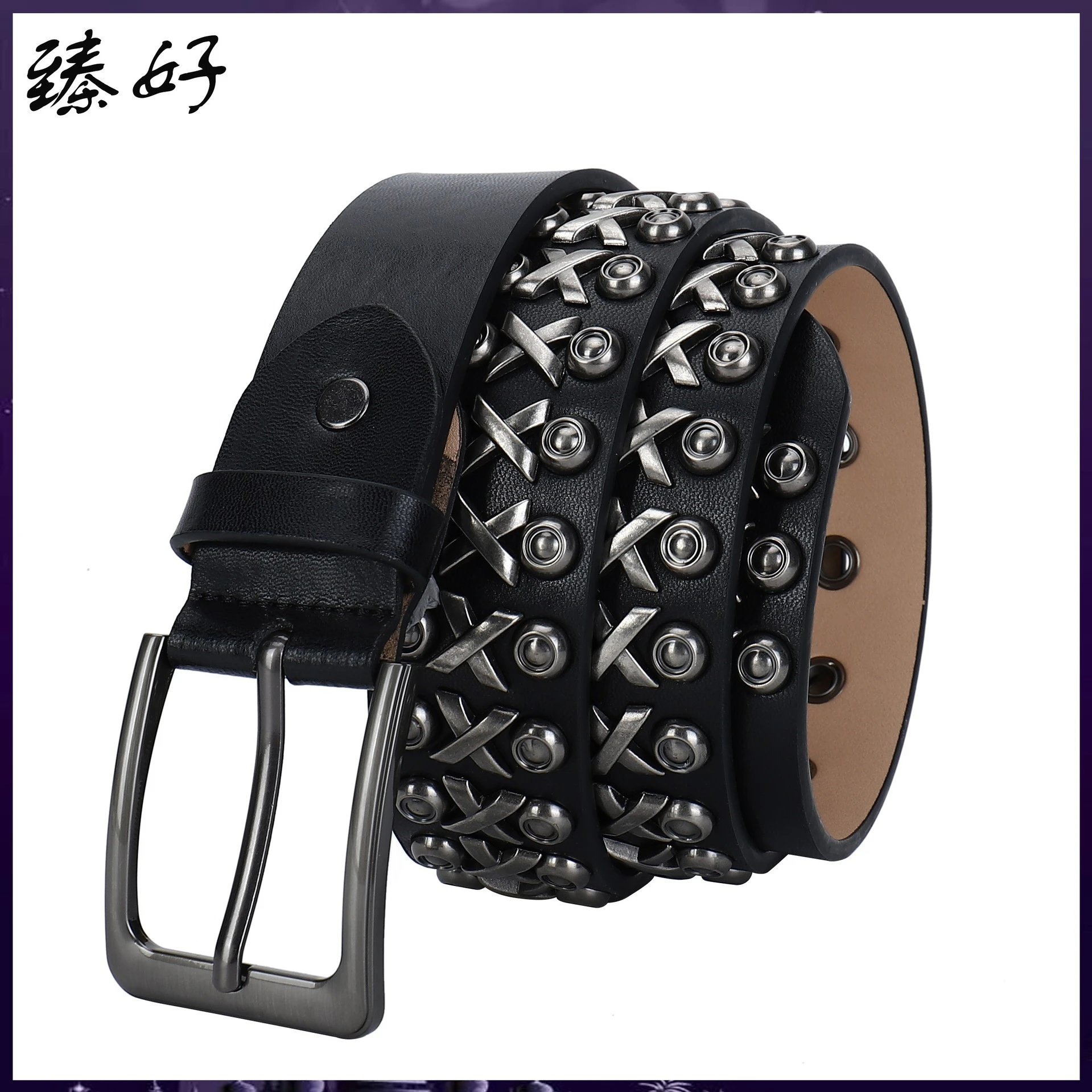 Black studded belt, Mens Cowhide Leather Belts, Studded Belt With Bright Circle Metal Studs, Punk Belt, for Punk Biker Rocker Hip