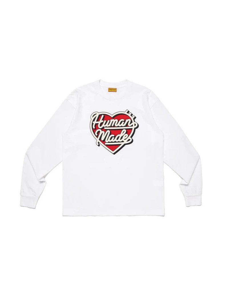Retro Human Made Heart Print Pattern Short Sleeve Casual Loose Round Neck T-Shirt Unisex Style