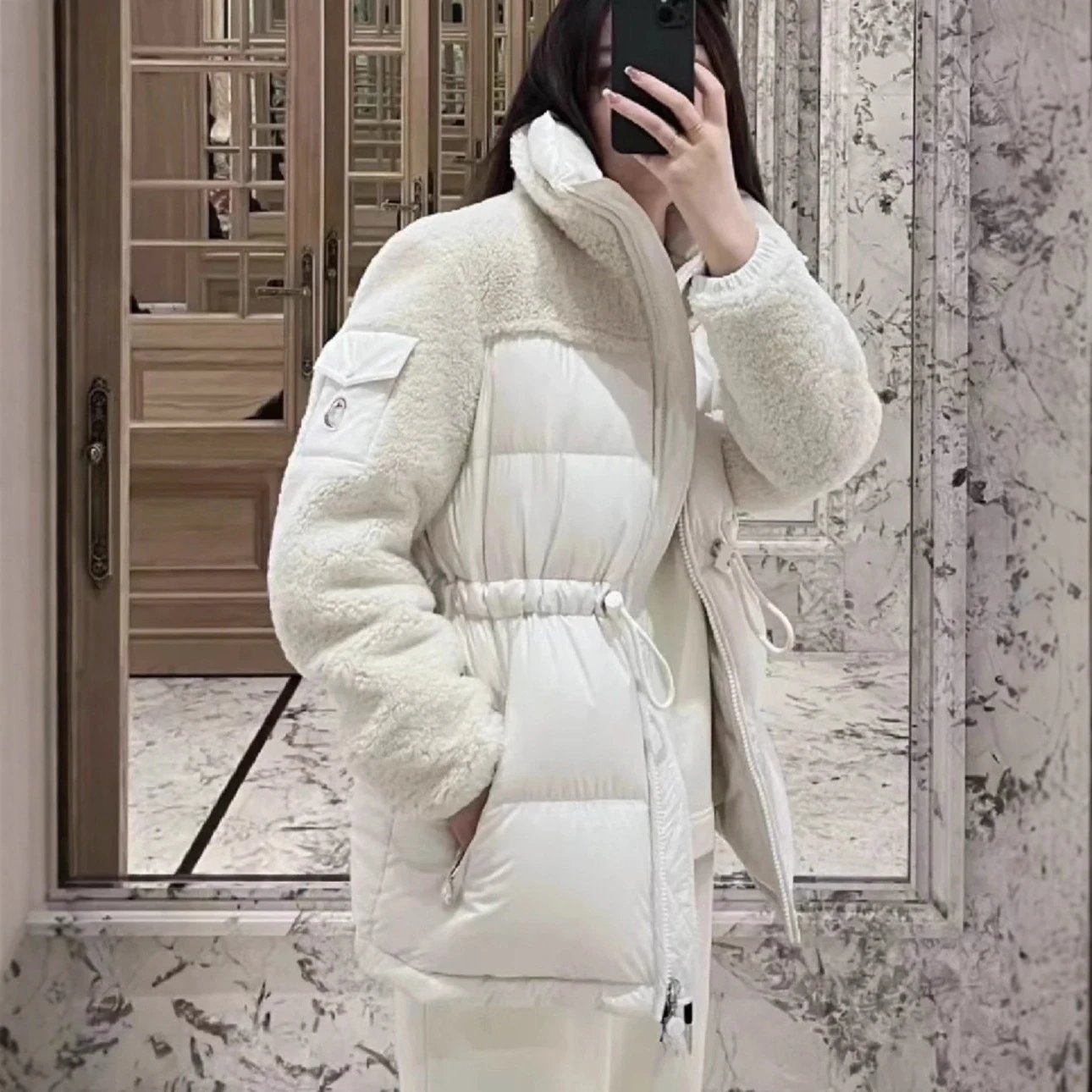 Autumn Winter New Style Moncler Wool Plush Panel Waist Accentuating 90% White Duck Down Women's Jacket