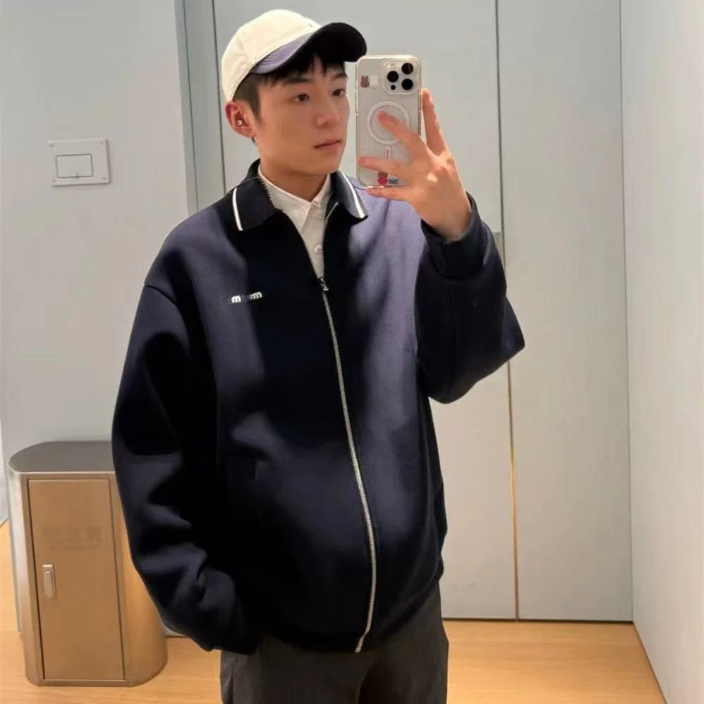 Miu Miu Color Block Lapel Collar Navy Cotton Zipper Jacket Unisex