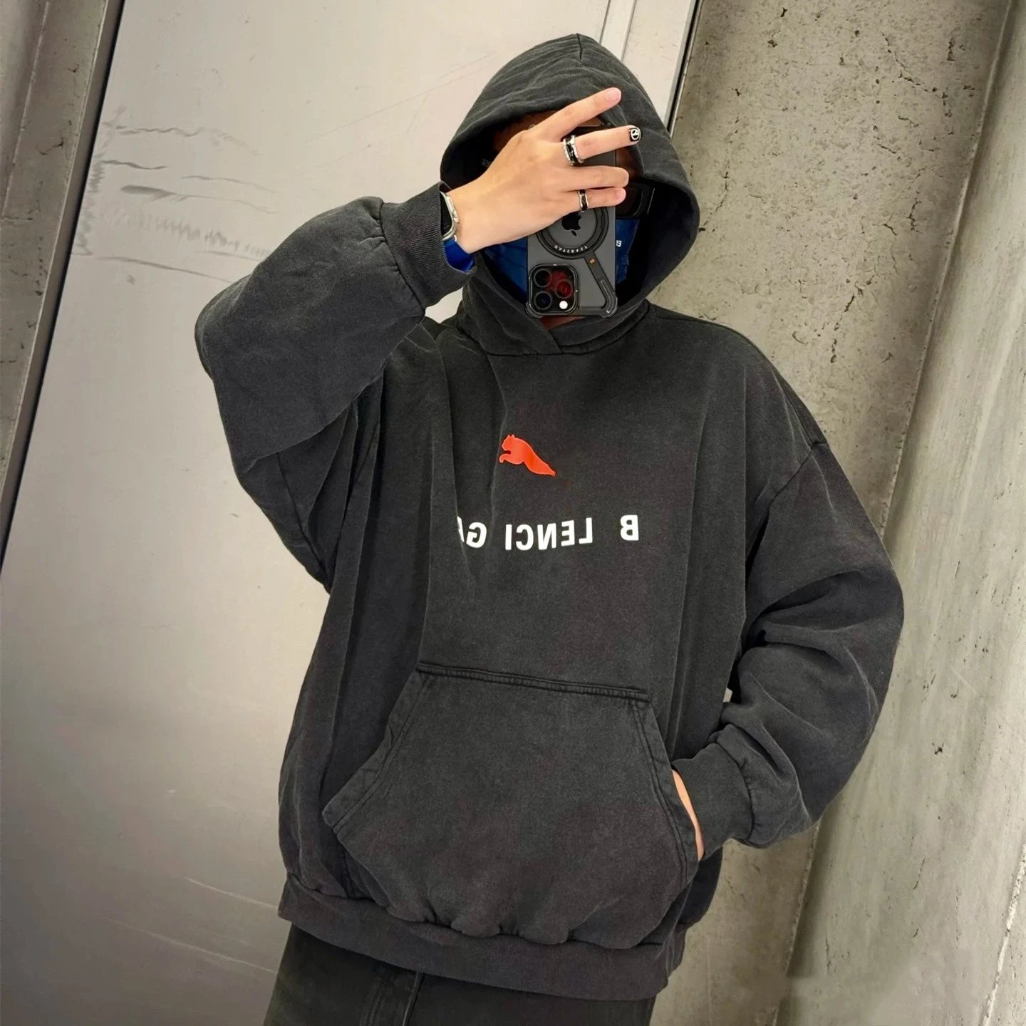 Balenciaga collaboration leopard embroidery LOGO washed black distressed hoodie sweatshirt men's and women's