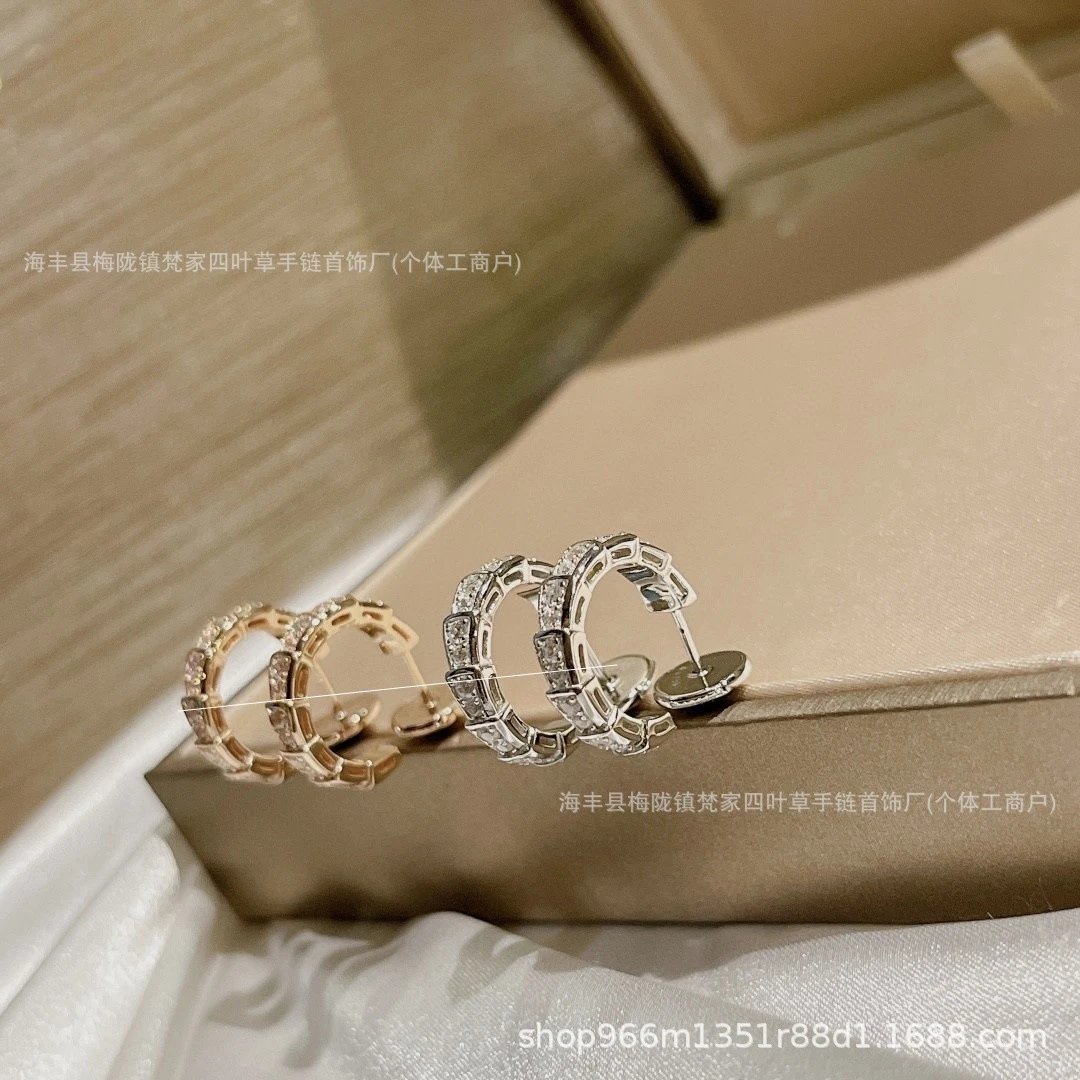 Bulgari Full Diamond Snake-shaped Ear Studs, Hypoallergenic, Versatile Casual Unisex Couple Jewelry, Internet Celebrity Fashion New Style