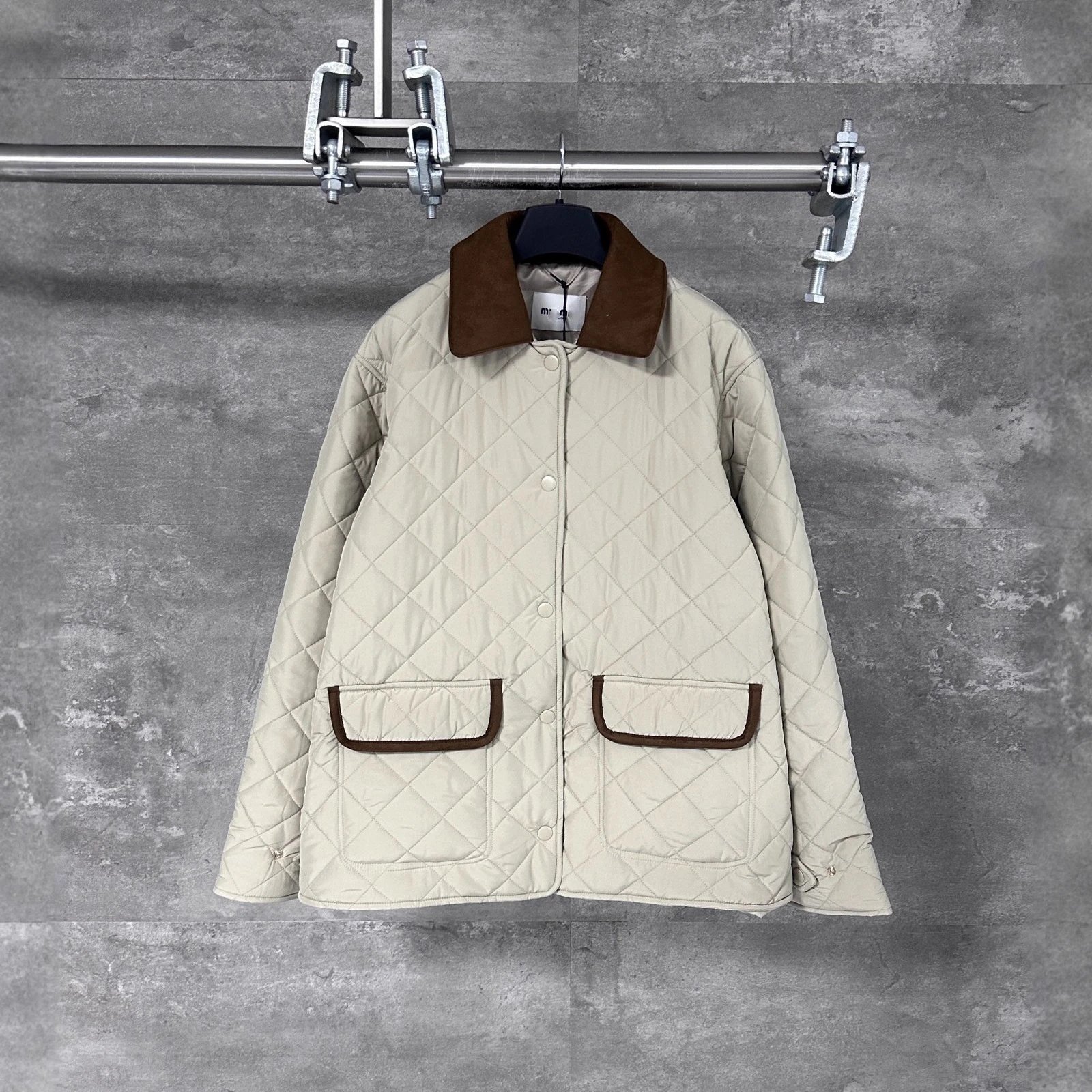 Miu Miu Little Red Book Internet Famous Style Suede Leather Panel Lapel Quilted Cotton Jacket