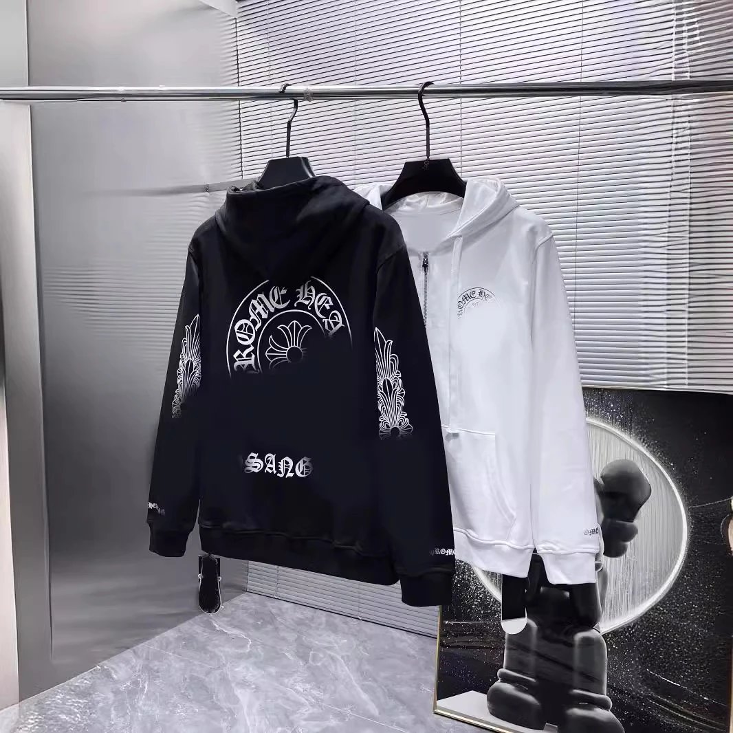 Chrome Hearts Classic Horseshoe Cross Sanskrit Large Arm Zip Hoodie Coat Loose Casual Hooded Sweatshirt