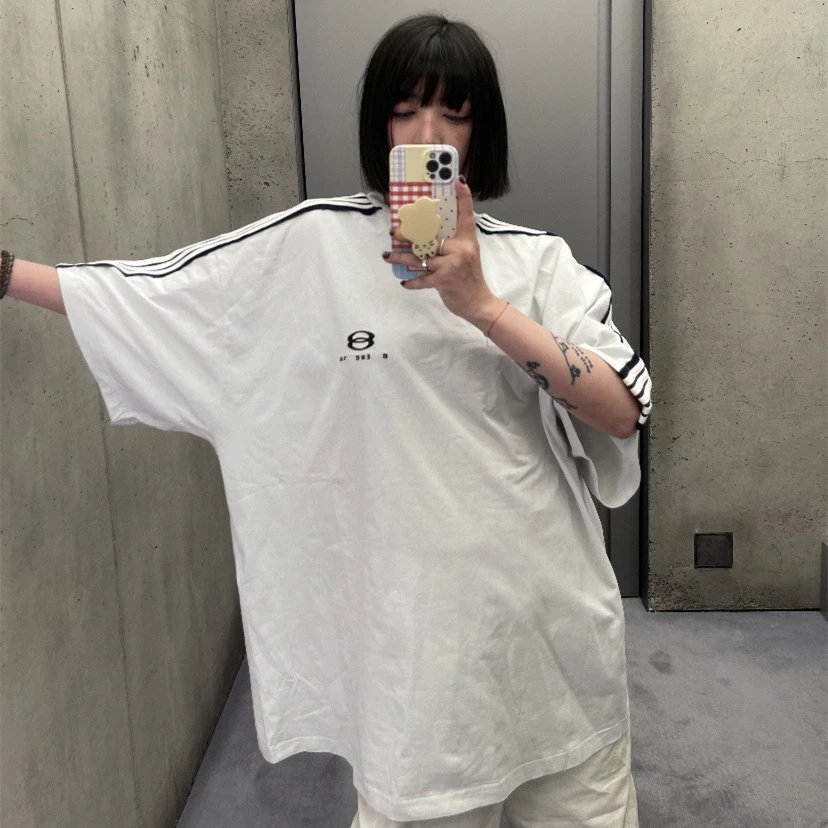 Balenciaga New Double Ring Color Block Stripe Loose Large Fit Short Sleeve T-shirt Unisex Top