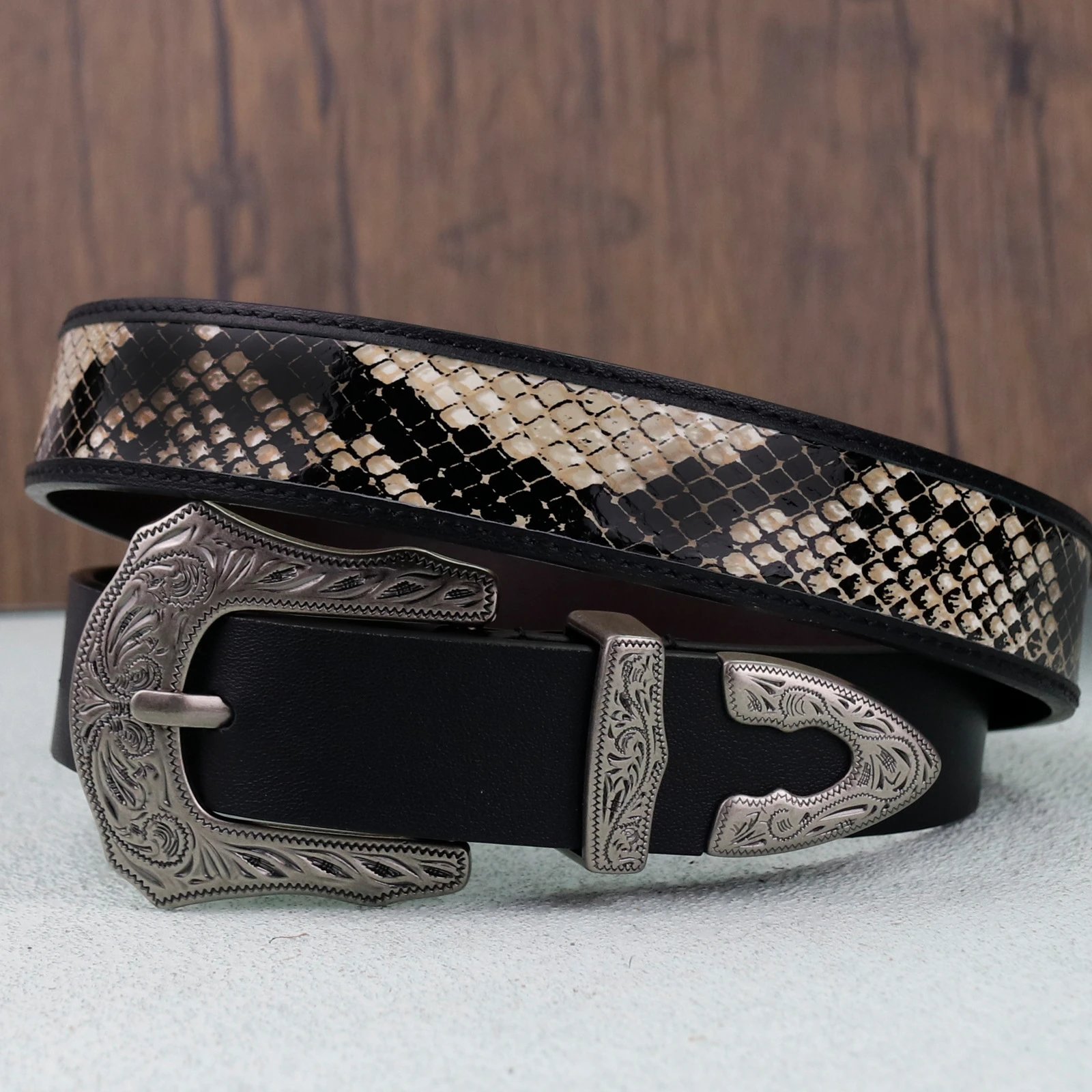 New Women's Double Buckle Western Belt Snake