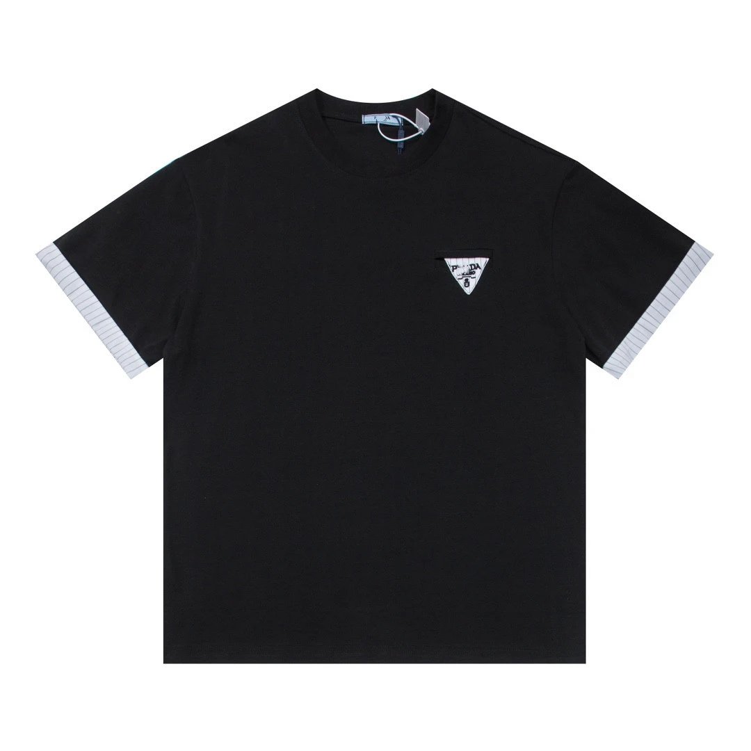 Prada Striped Cuff LOGO Short Sleeve Unisex T-shirt Top Base Layer