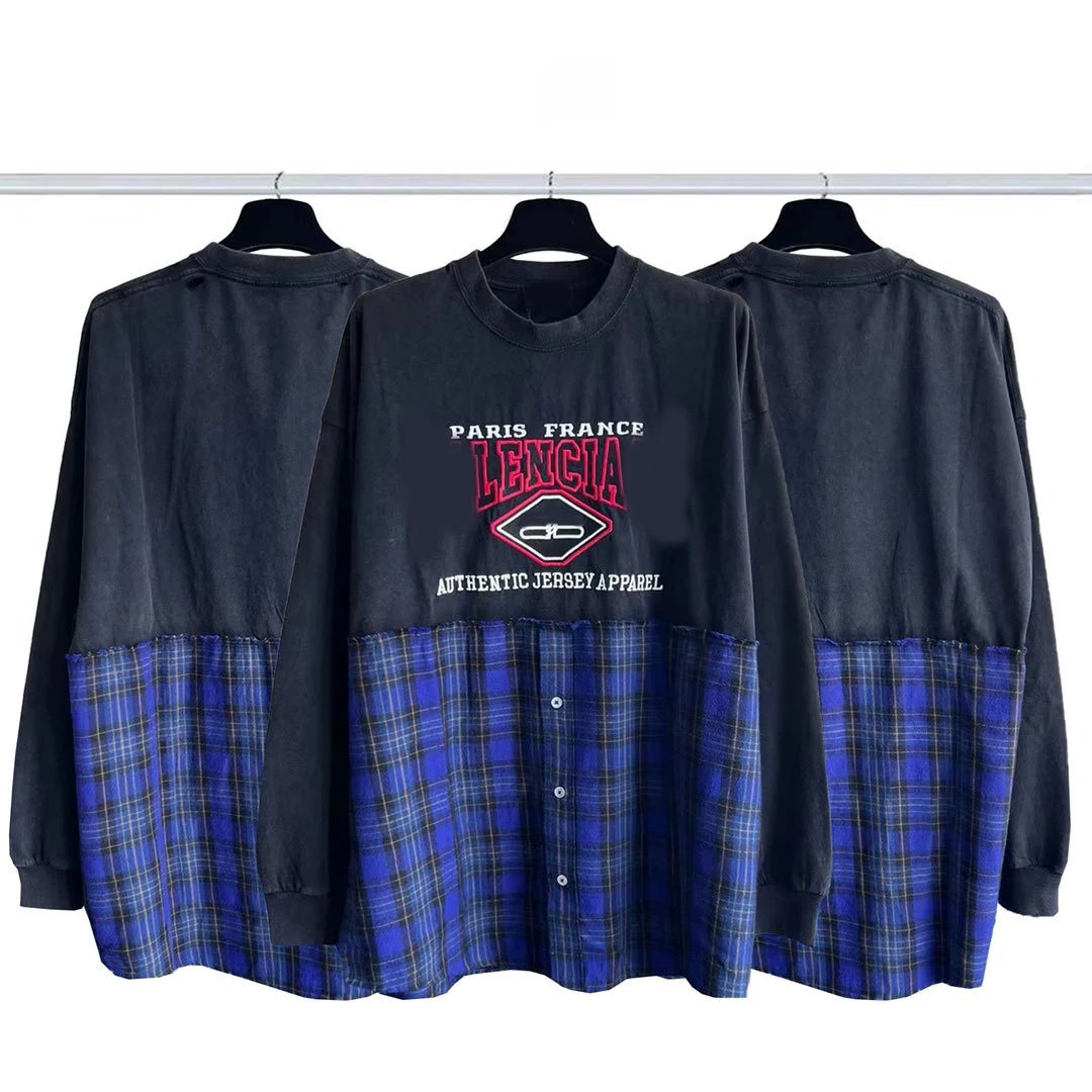 New Trend Balenciaga Red Slogan Embroidery Patchwork Shirt Pullover Hoodie Long Sleeve Base Layer Men's