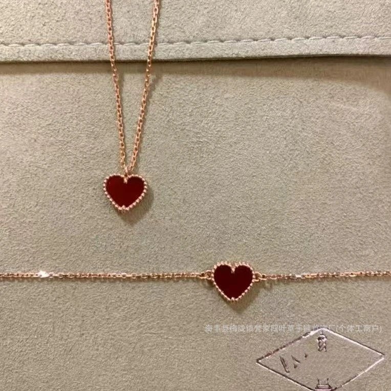 Van Gogh Four-Leaf Clover Red Carnelian Heart Necklace, Plated 18K Rose Gold Heart-shaped Pendant Bracelet Ear Studs for Women