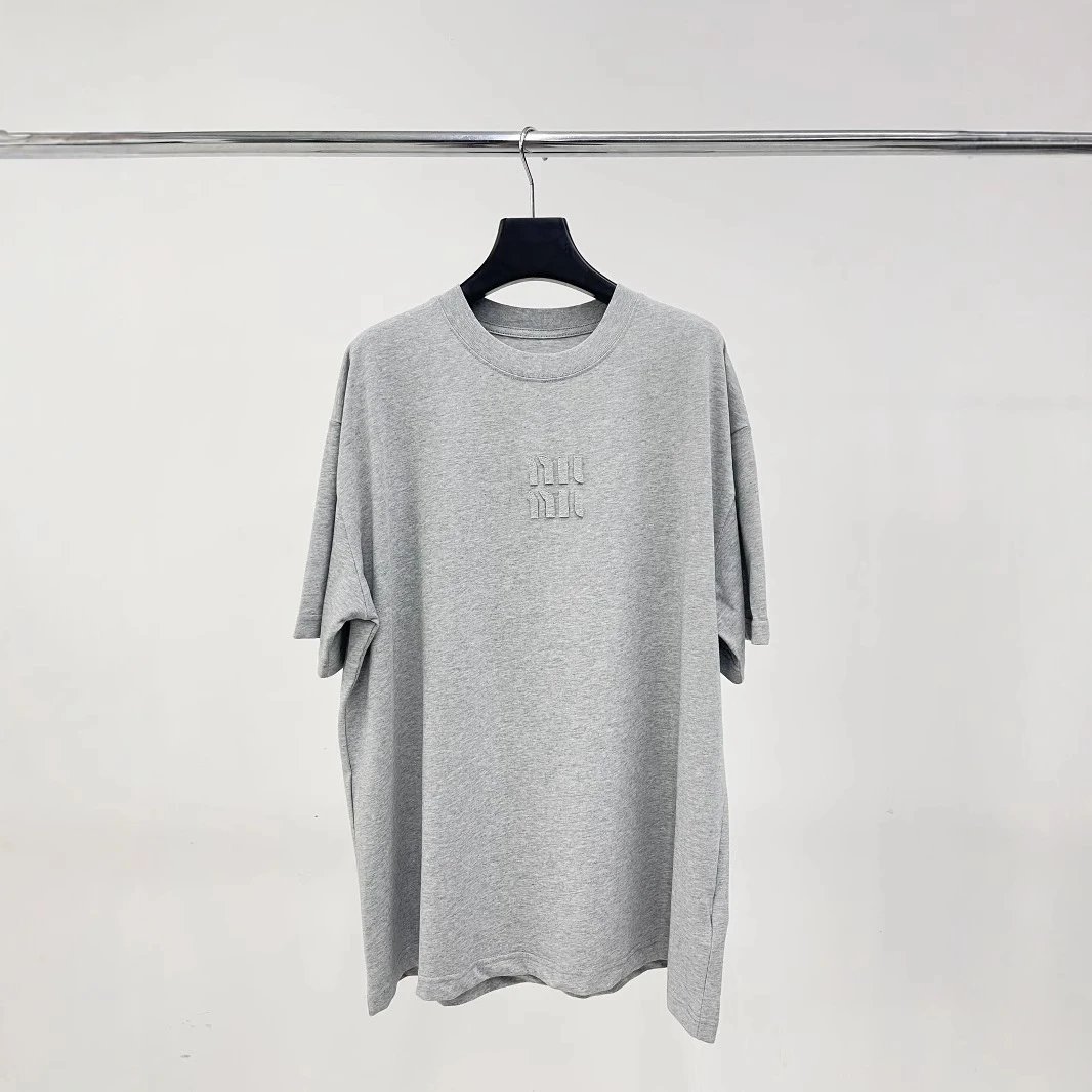 New Miu Miu Patch Embroidery Letter Viral Unisex Short Sleeve T-shirt Base Layer