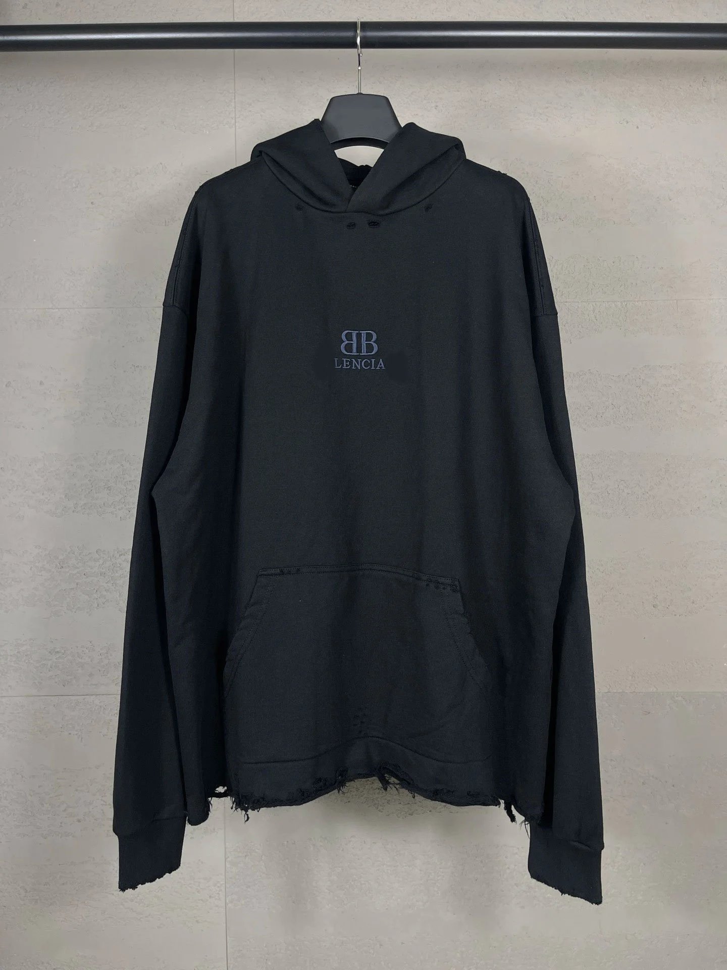 Balenciaga Classic LOGO Embroidery Wash Frayed Destroyed Hem Heavy Distressed Pullover Hoodie