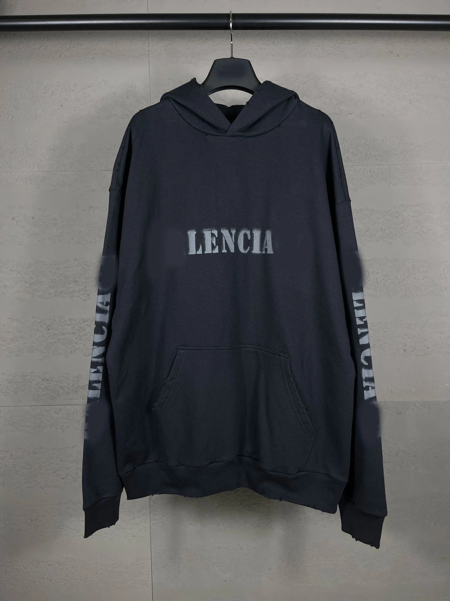 SS Balenciaga Blur Letter LOGO Print Garment Wash Frayed Hoodie Loose Versatile Unisex Style