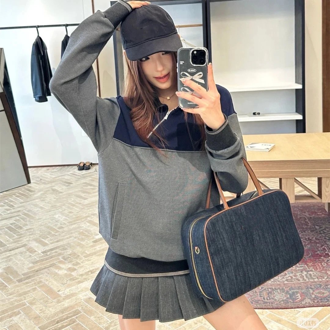 2025 new style Miu Miu spliced diagonal zipper polo shirt pullover sweatshirt men's and women's