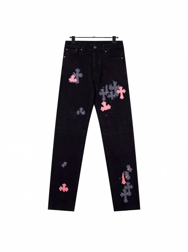 New Chrome Hearts Limited Flame Pink Cross Grid Straight Patch Jeans
