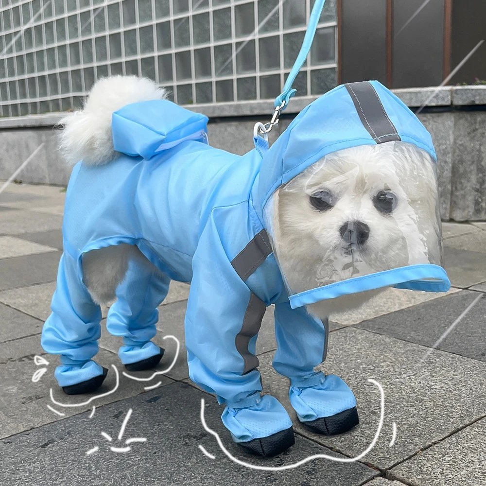 Leashable Small Dog Four-Legged Raincoat Waterproof Full Coverage Small Dog Bichon Teddy Pet Rainy Day Dog Clothing