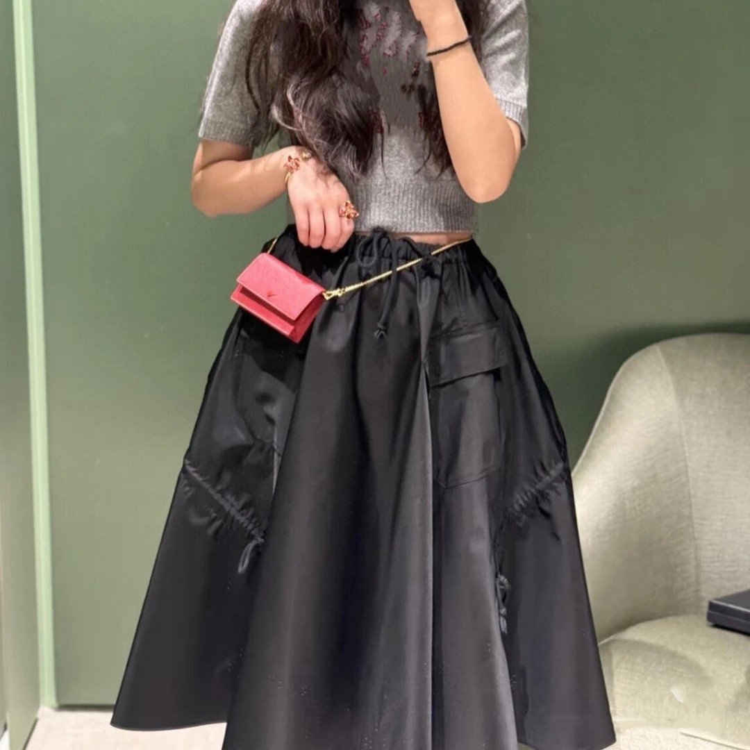 New Prada Black Elastic Waist Loose Long Cargo Casual Skirt
