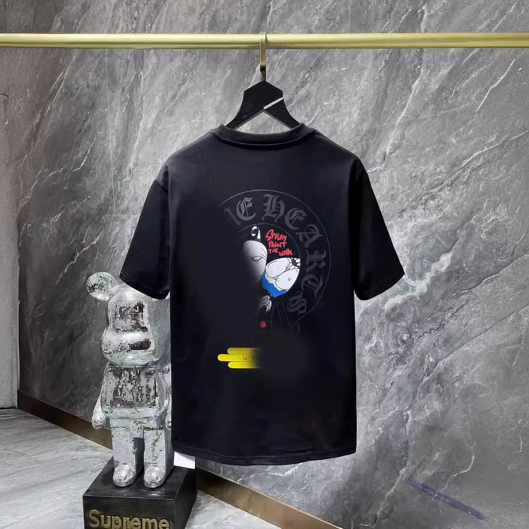 2023 Chrome Hearts Cartoon Horseshoe Sanskrit Letter Loose Casual Short Sleeve T-shirt Unisex Couples Loose