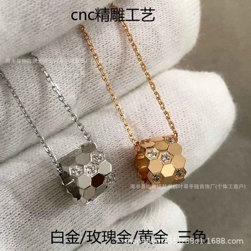 Chaumet Honeycomb Necklace, CNC Craft Honeycomb Collarbone Chain for Women, Plated 18k Rose Gold High Color Retention