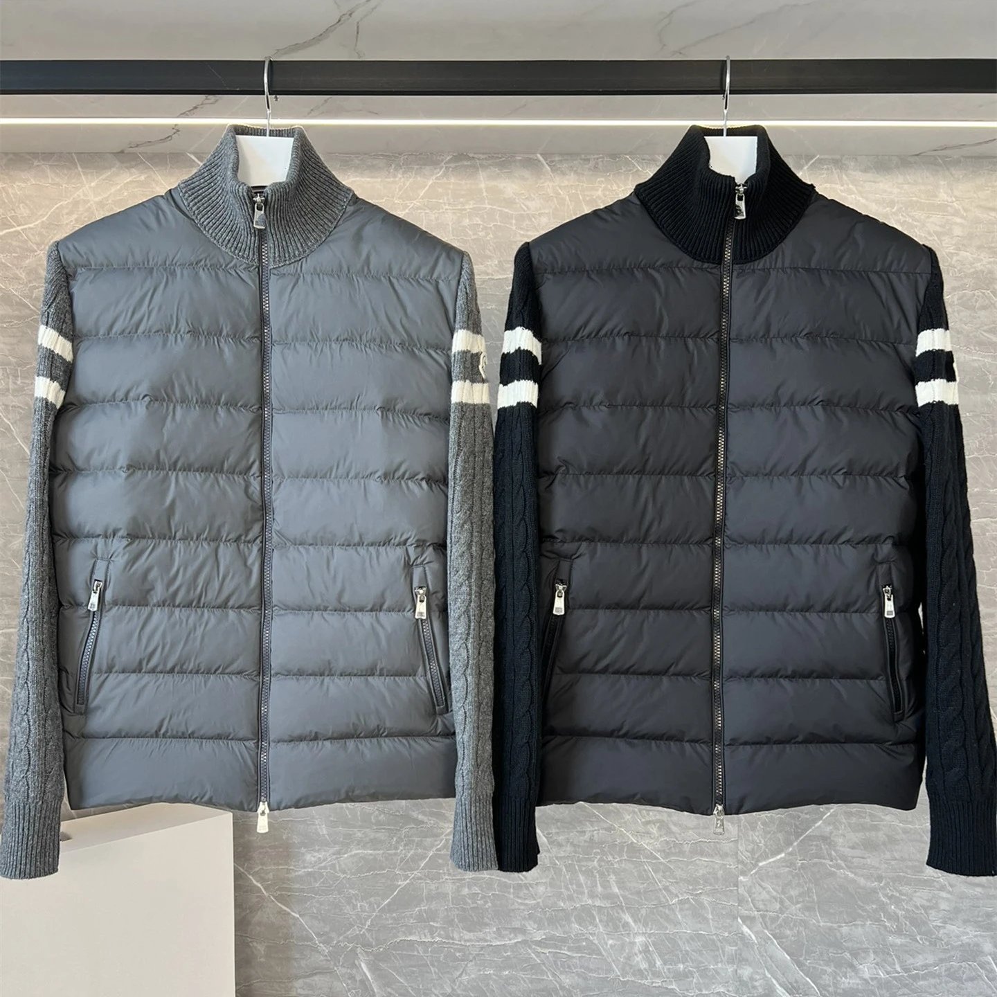Moncler Wool Knit Panel 90% White Duck Down Lightweight Down Jacket for Men and Women