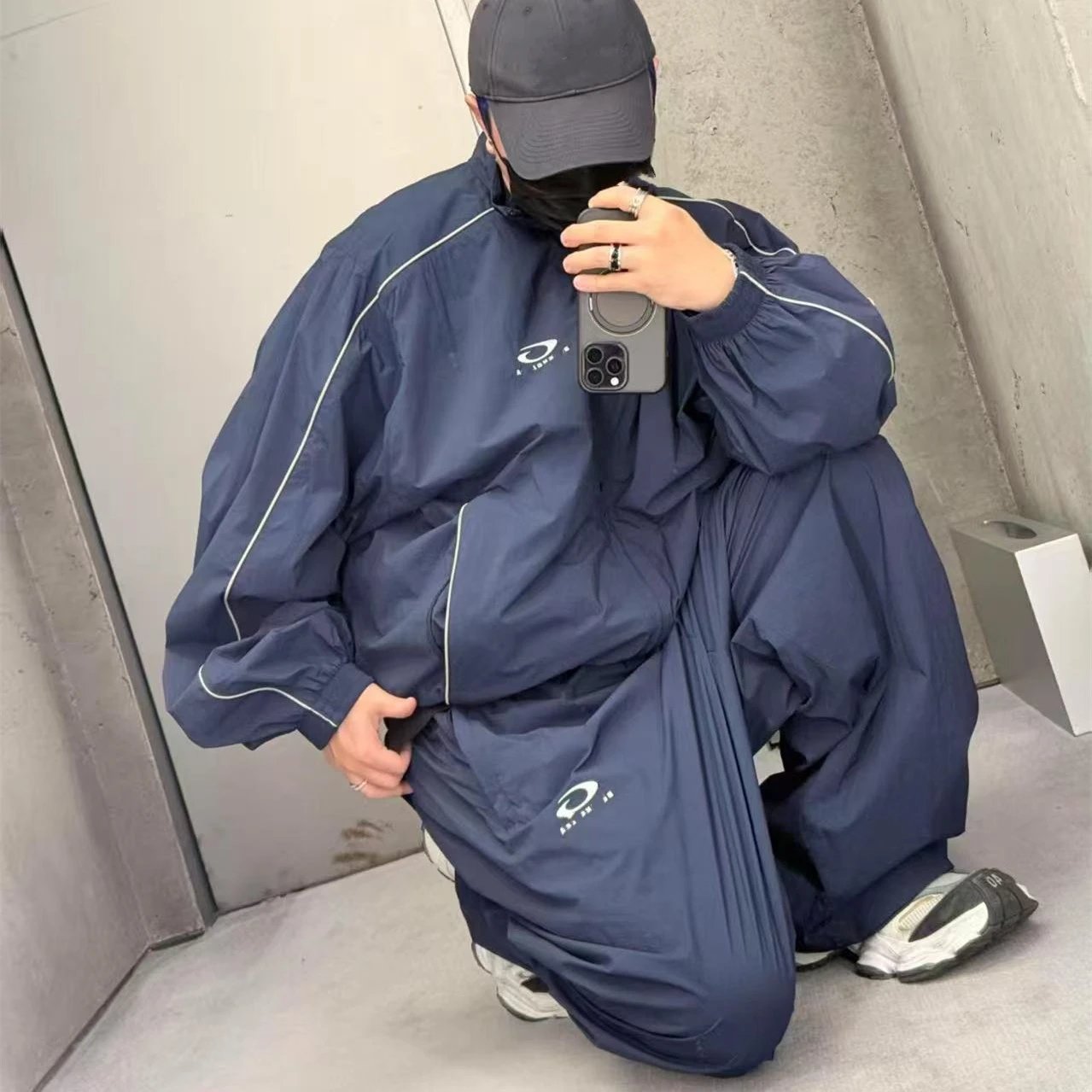 New Balenciaga Circle Embroidery Letter INS Internet Famous Sport School Windbreaker Long Pants Suit