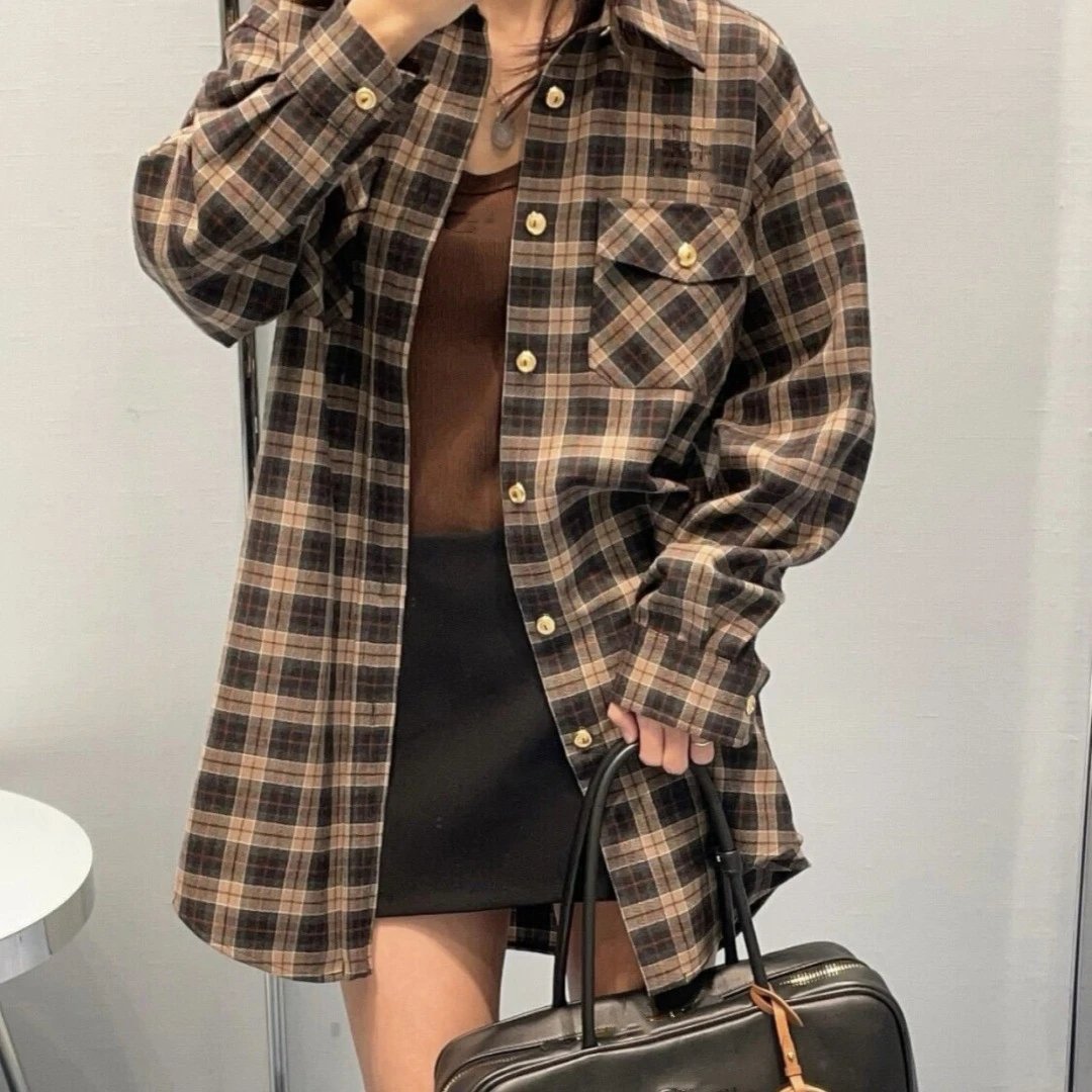 2025 New Miu Miu England Academy Embroidery Logo Unisex Long Plaid Shirt