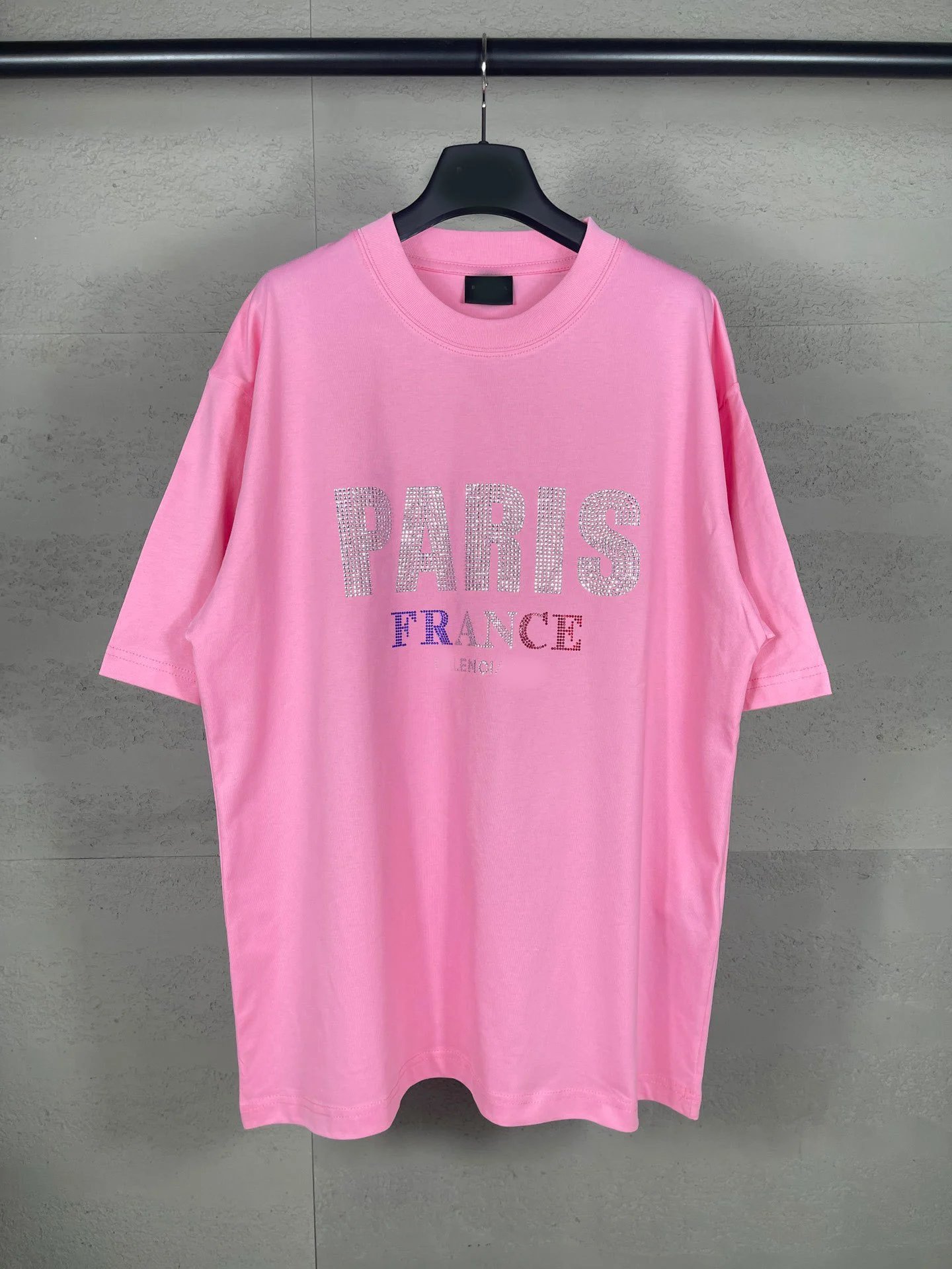 Balenciaga Front Paris Stress Back Hot Fix Rhinestone Unisex Short Sleeve T-shirt Loose Casual