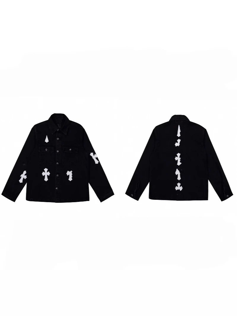 American High Street Brand CH Black White Leather Patch Cross Leather Patch Embroidery Denim Jacket Unisex Loose Casual