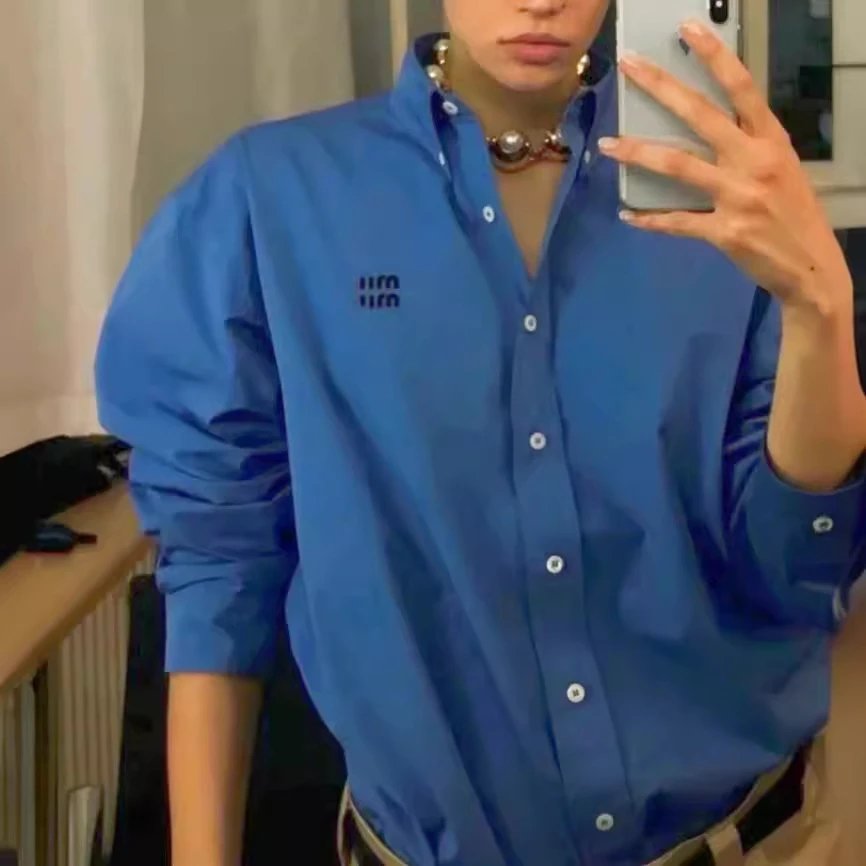 New Miu Miu Celebrity Internet Famous Embroidery Logo Unisex Long Sleeve Blue Poplin Shirt