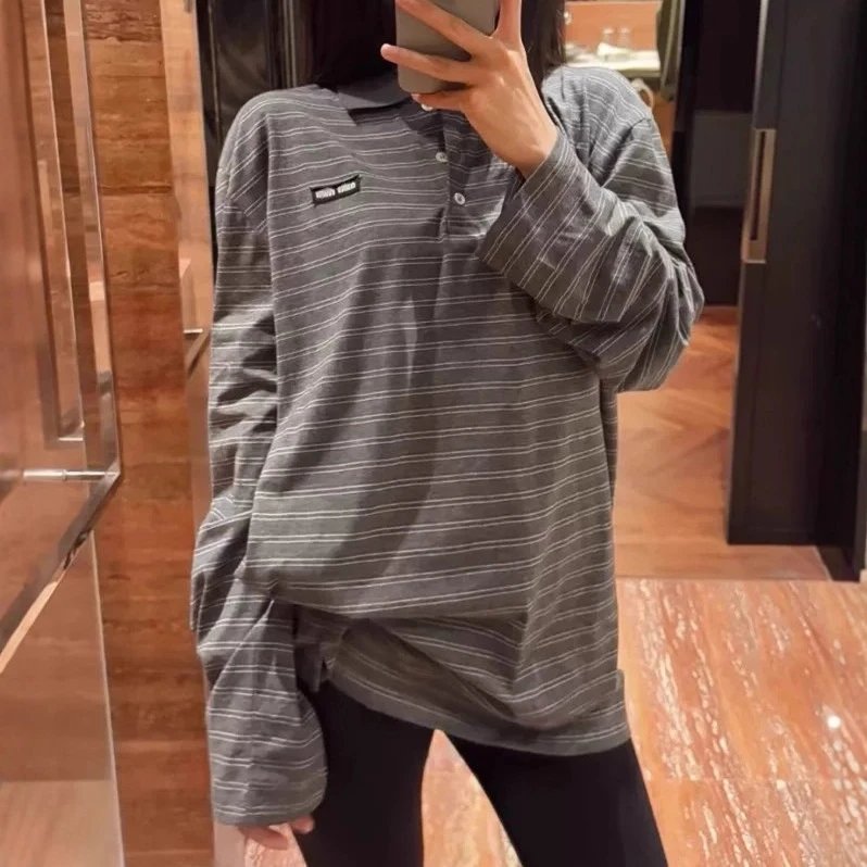 Miu Miu Liu Haocun same style academy style gray stripe collar POLO shirt long sleeve T-shirt