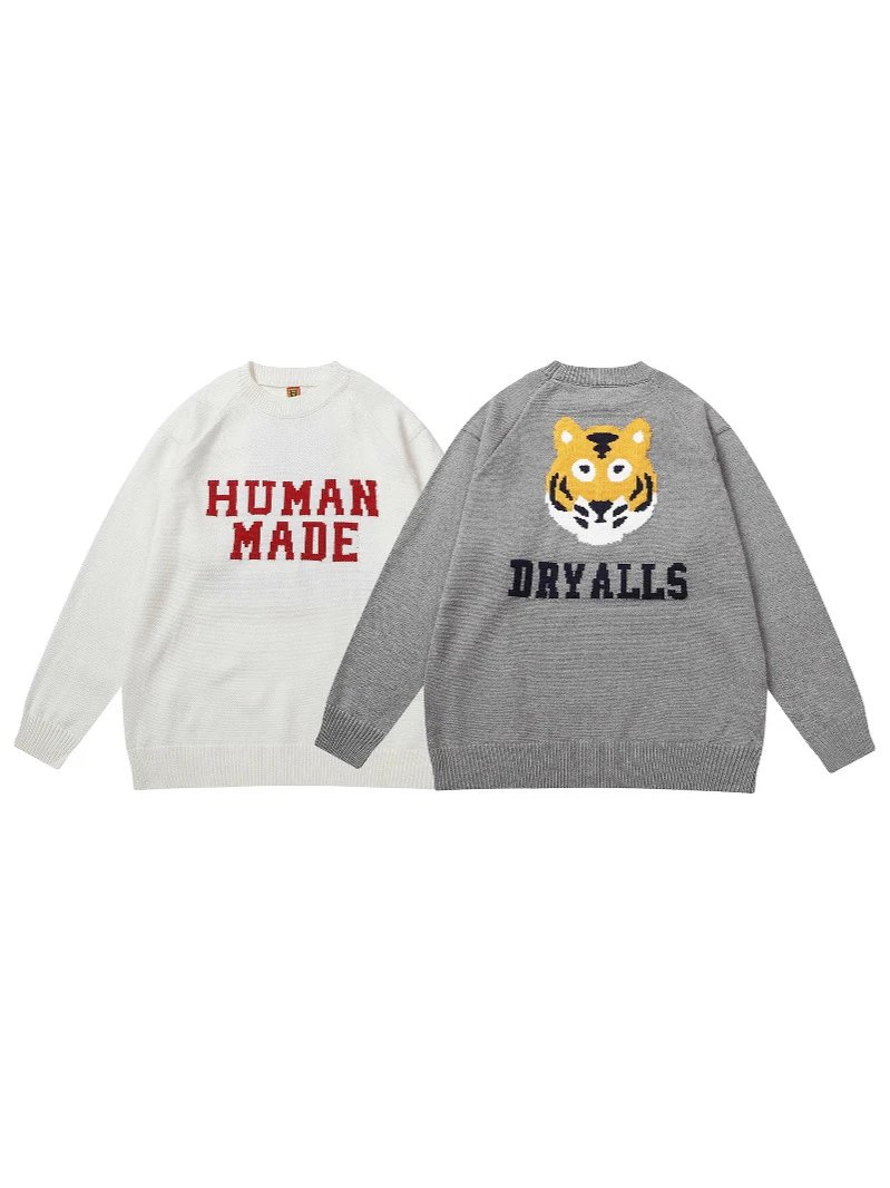 Retro HUMAN Tiger Head Print Unisex Loose Casual Sweater Knitwear Trendy